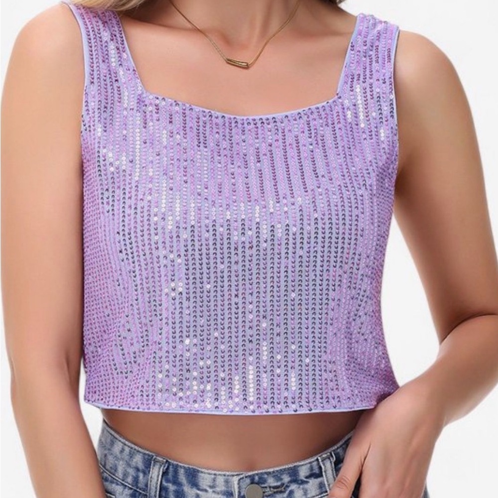 Sequin Lilac Square-Neck Crop Tank Top